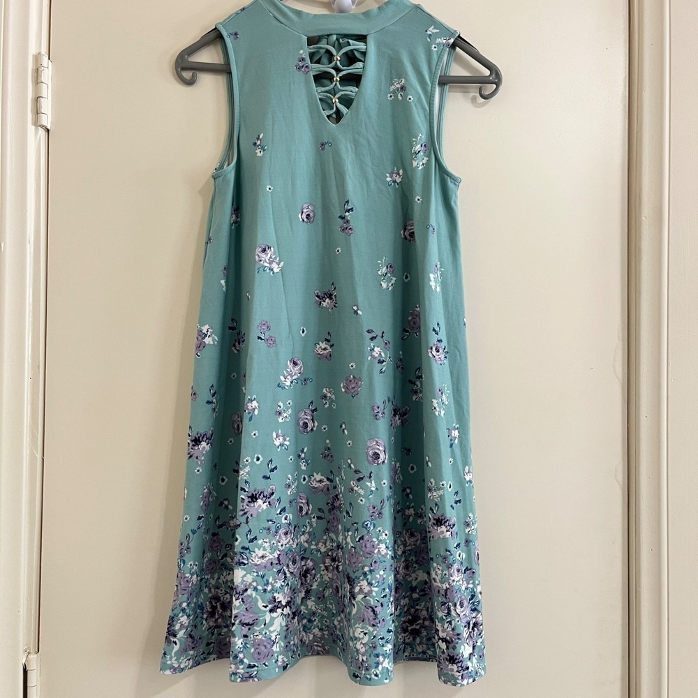 Floral Swing Keyhole Mini Dress Small Sage Sleeveless Neck Back Tie Garden Party